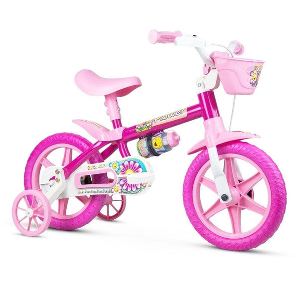 Bicicleta Infantil Nathor Flower Aro 12 Freio Tambor Cor Rosa Com Rodas De Treinamento