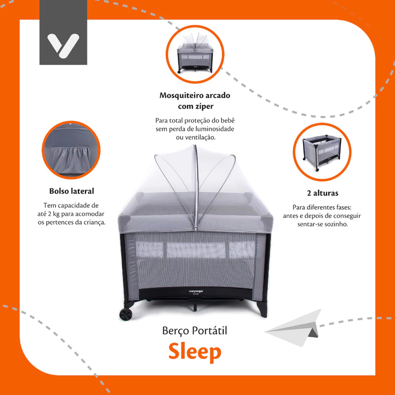 Berço Portátil Sleep até 15Kgs Voyage- Cinza