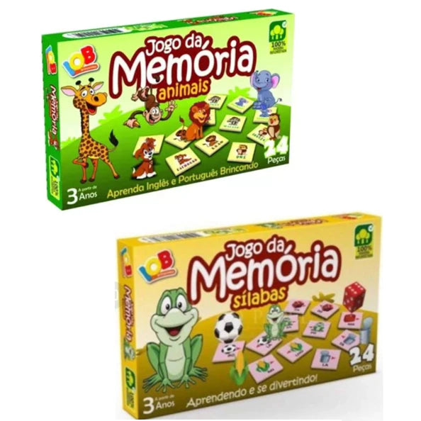 2 Jogos Educativos - Jogo da Memória Animais Inglês e Portugues 24 peças + Jogo da Memória Sílabas 24 peças IOB Brinquedos