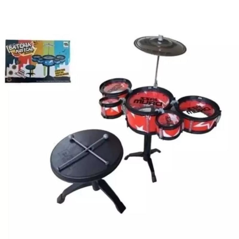 Bateria brinquedo infantil com baqueta e banquinho 5 tambor